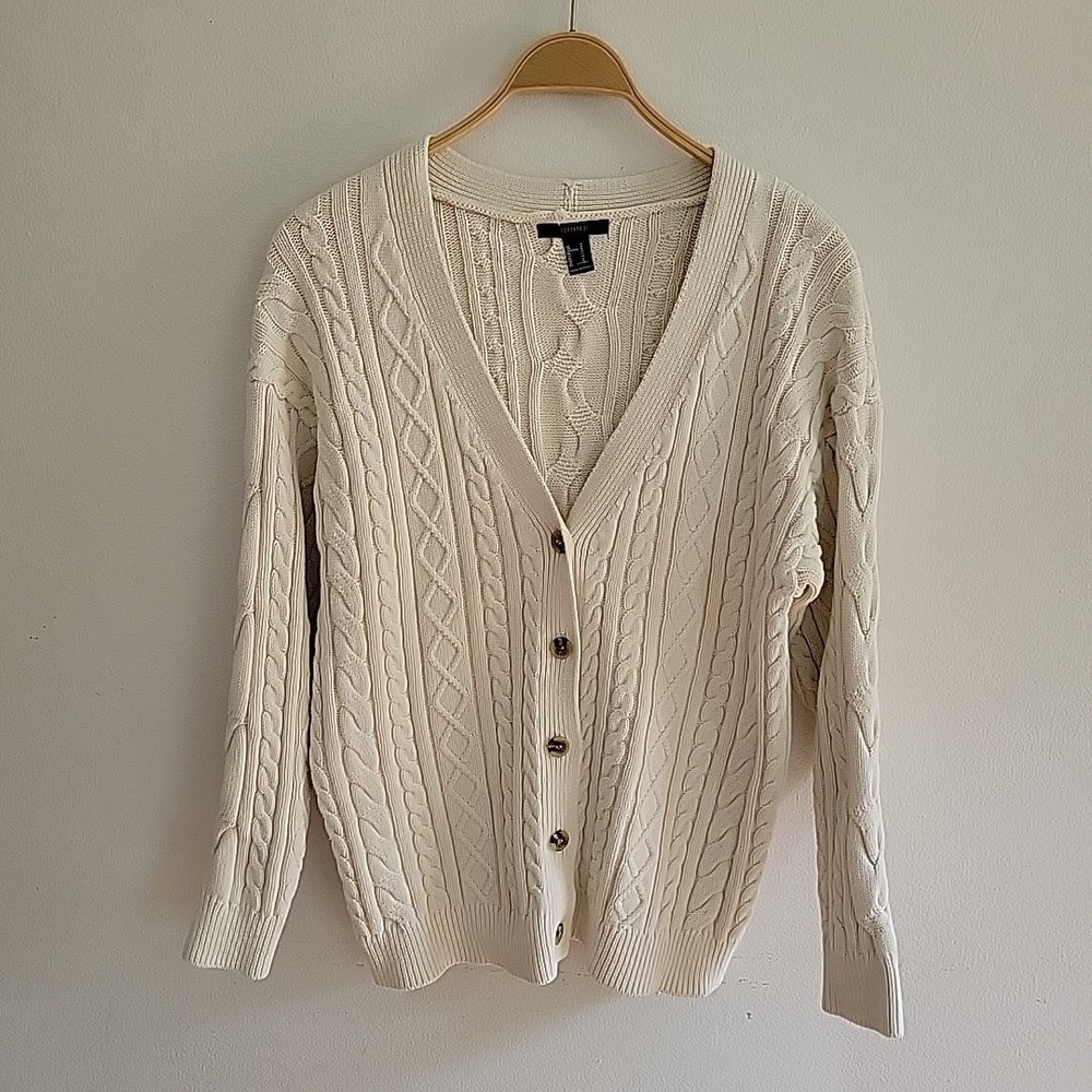 Forever 21 Cable Knit Cardigan Cream Five Button V Neck Classic Fisherman Preppy